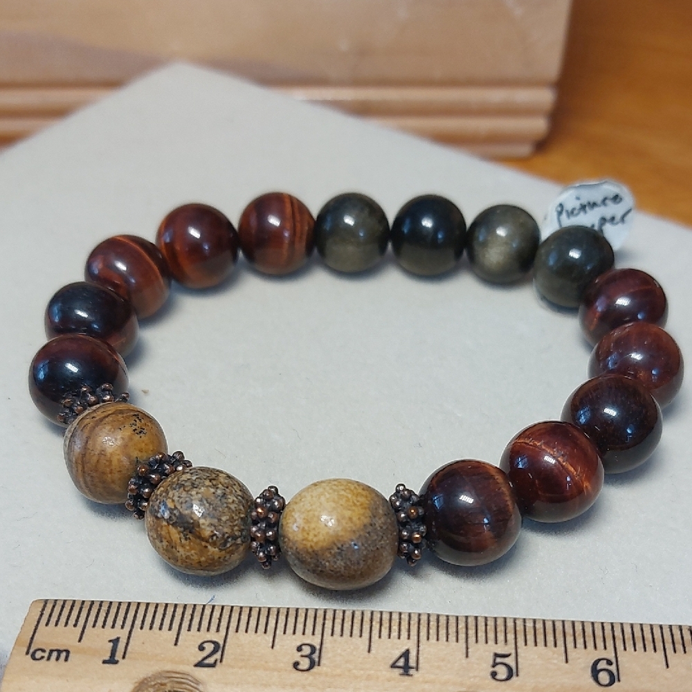 Men’s Natural Stone Stretch Bracelet  Tiger’s Eye Jasper  8.5" 12mm